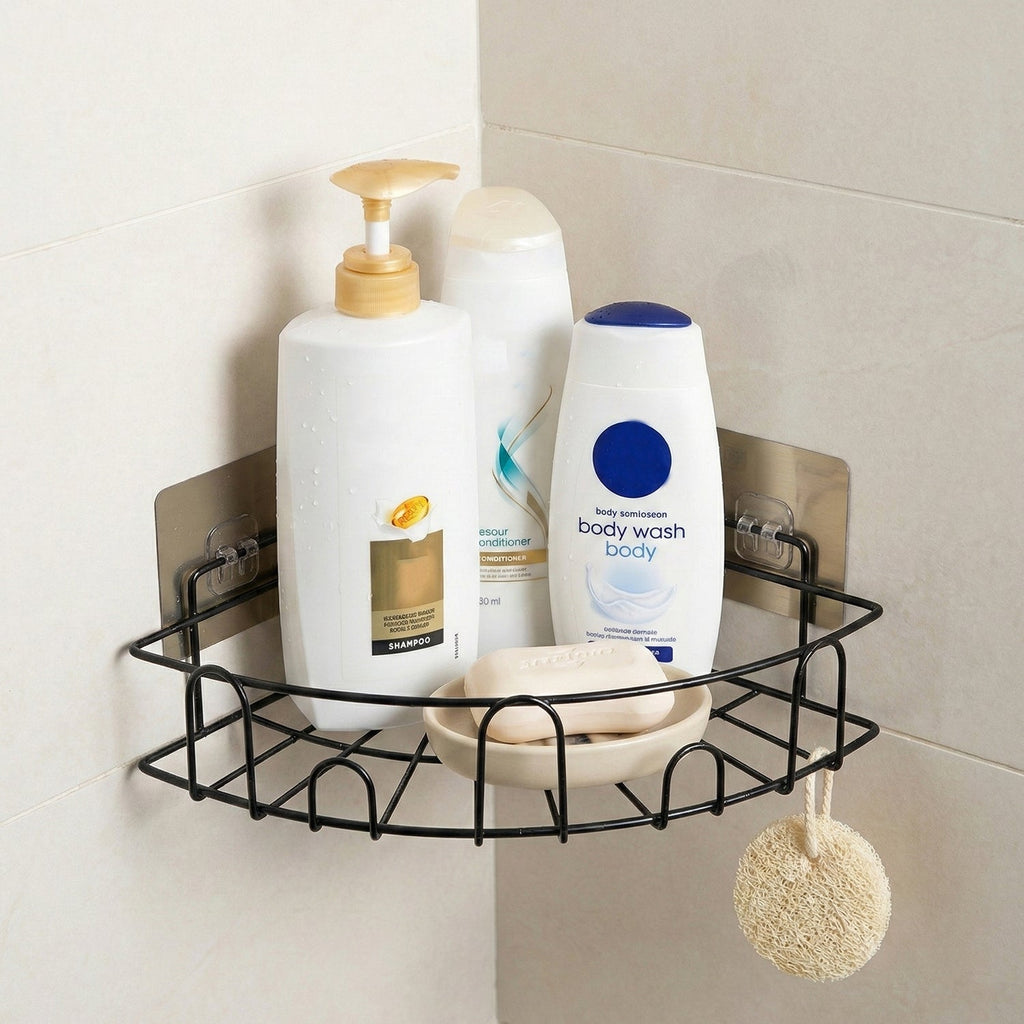 Detailed view of the spacious shelves on the iron shower caddy corner, holding various products.