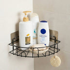 Detailed view of the spacious shelves on the iron shower caddy corner, holding various products.