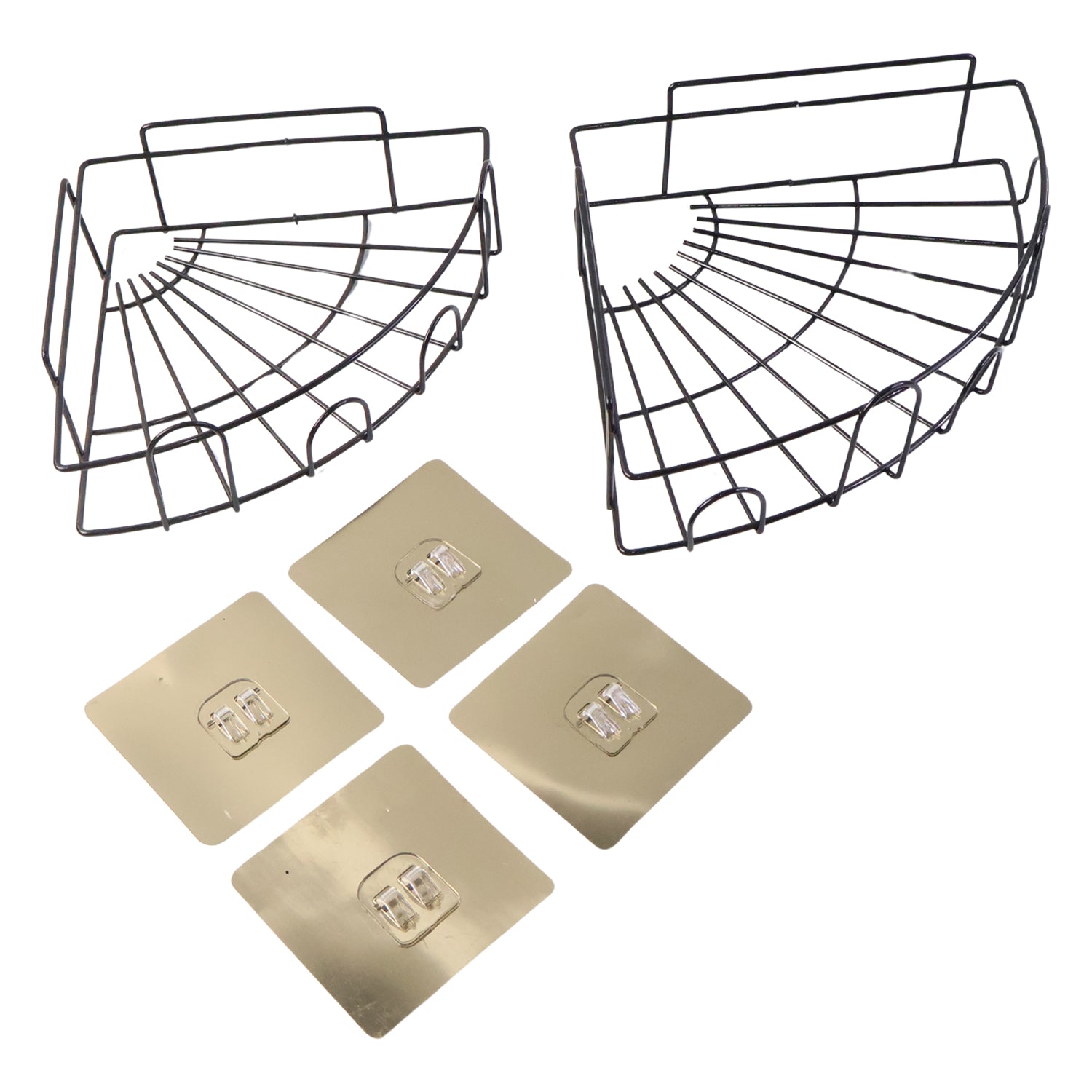 Multifunctional iron shower caddy corner used for organizing toiletries and decorative items.