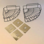 Decorative iron shower caddy corner enhancing a modern home interior with stylish storage.