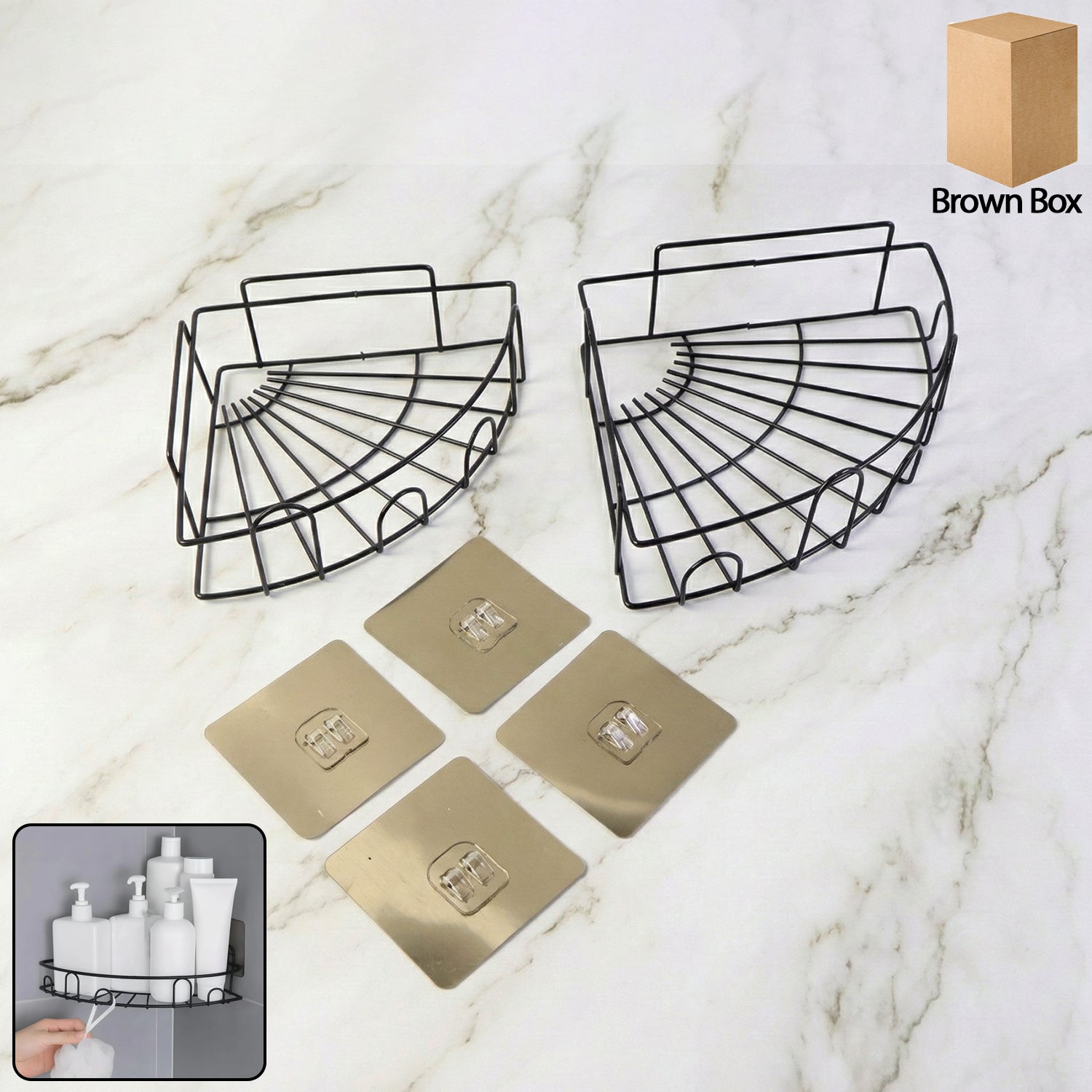 Two-piece iron shower caddy corner in a modern bathroom setting, showcasing ample storage.