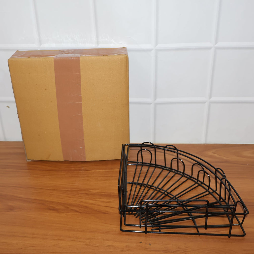 Iron shower caddy corner discreetly installed in a contemporary living space, offering utility.