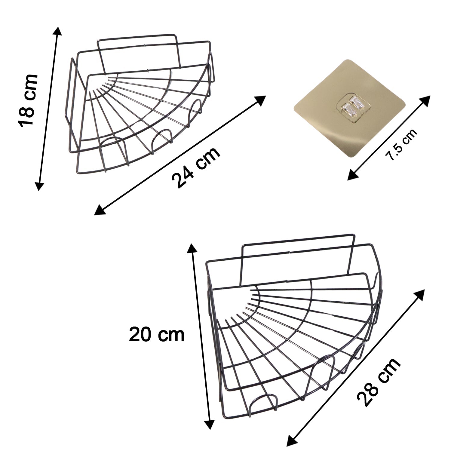 Dimensional diagram of the 2-piece iron shower caddy corner, detailing its compact size.