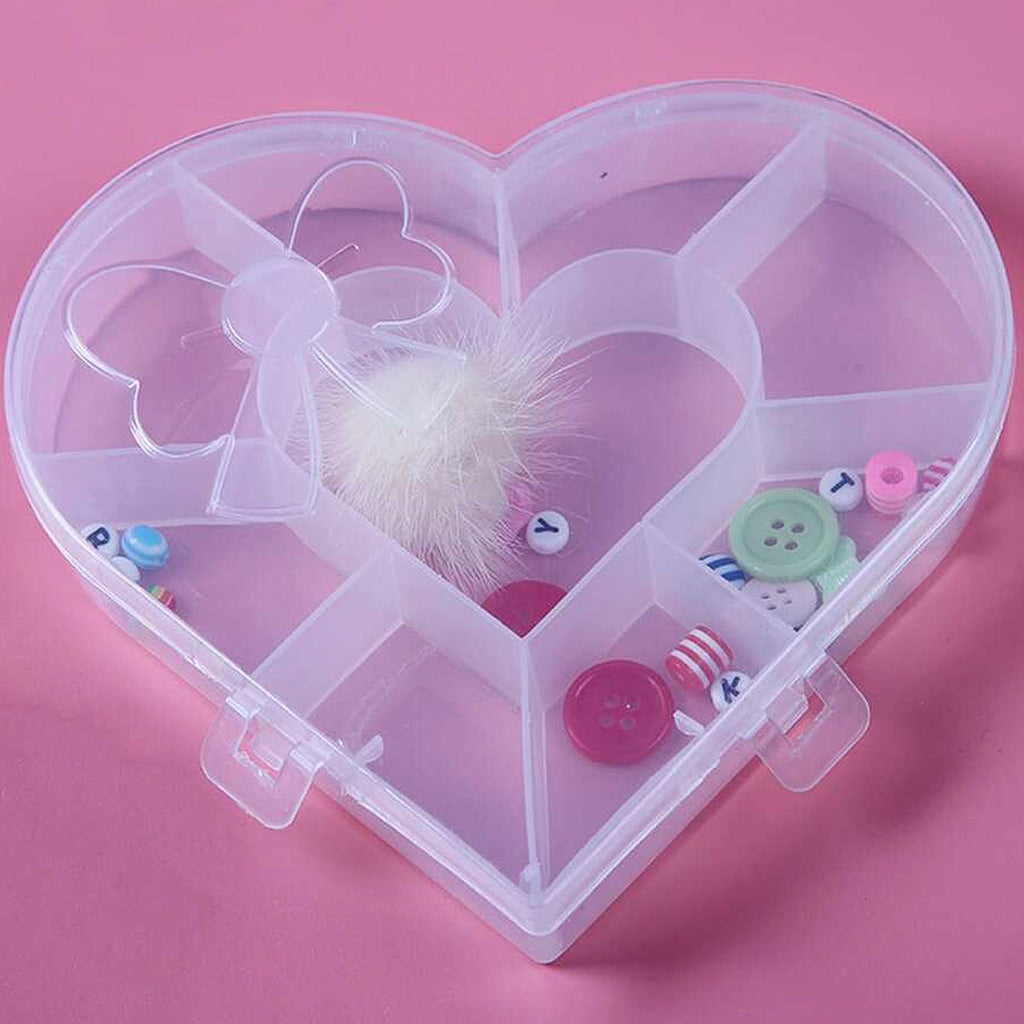 Side view of heart-shaped plastic storage organizer box with snap-lock handle