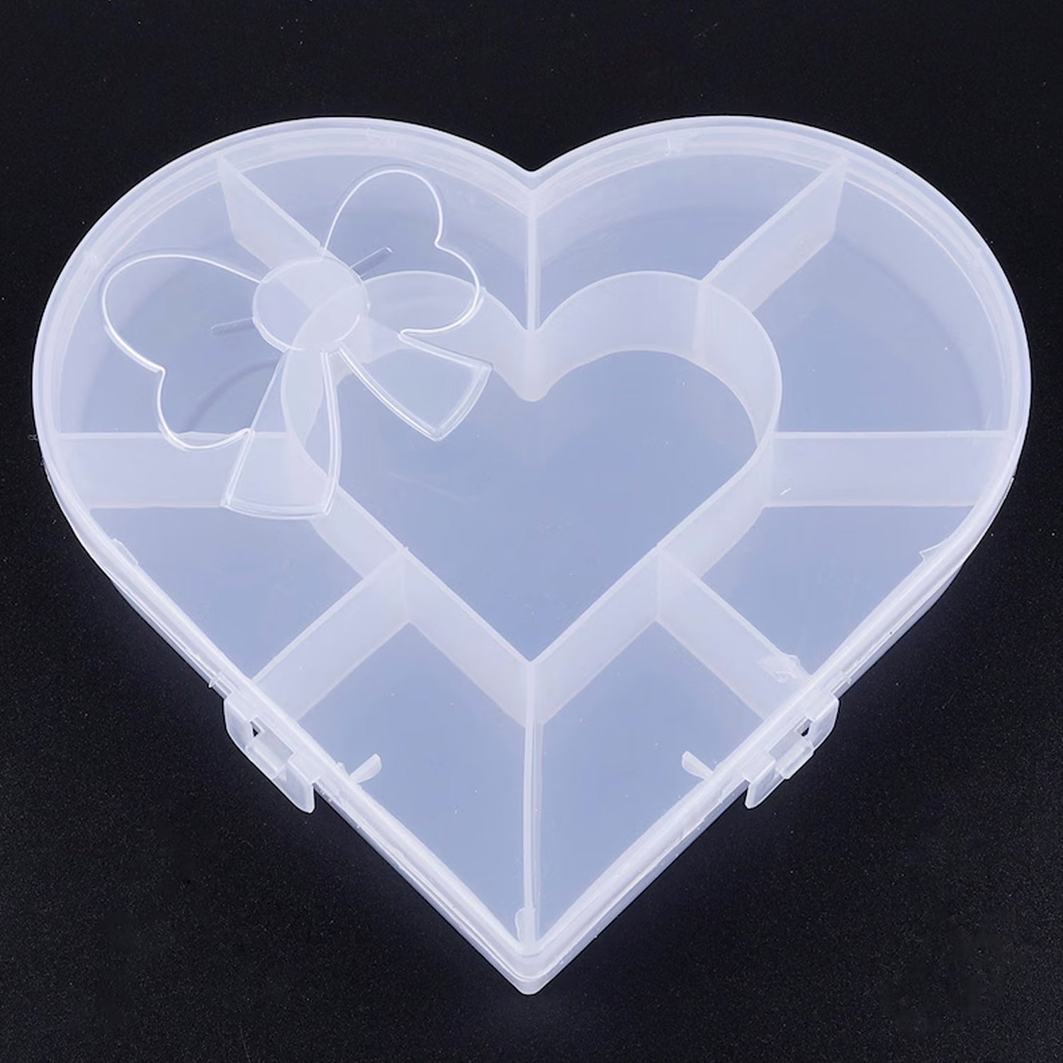 Back view of heart-shaped organizer box with bow designed lid and handle