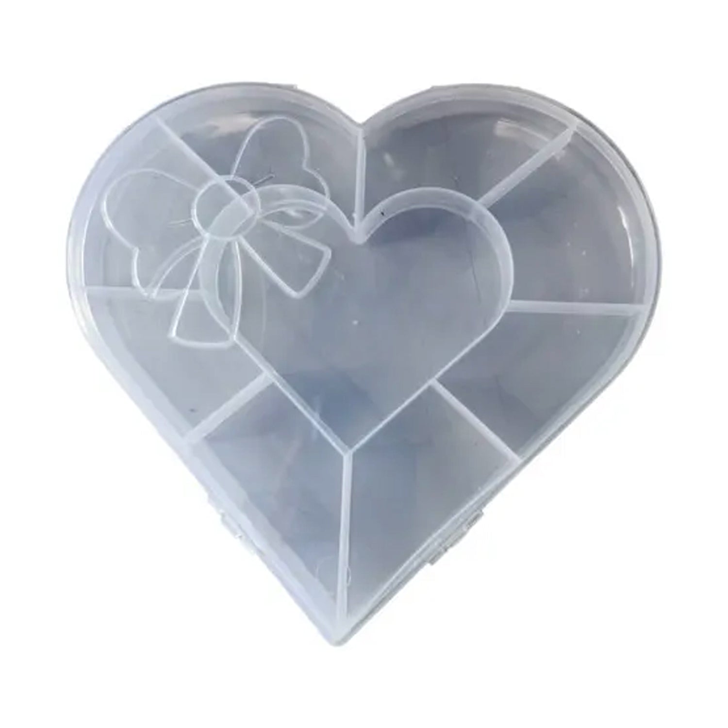 Top view of heart-shaped craft bead storage box with transparent lid in India