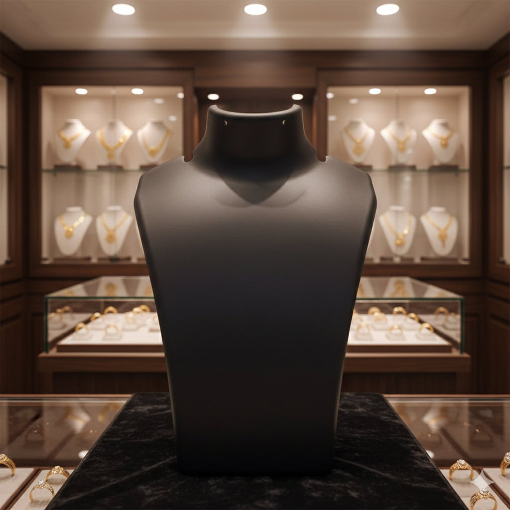 Front view of black mannequin bust necklace display stand highlighting necklaces in India
