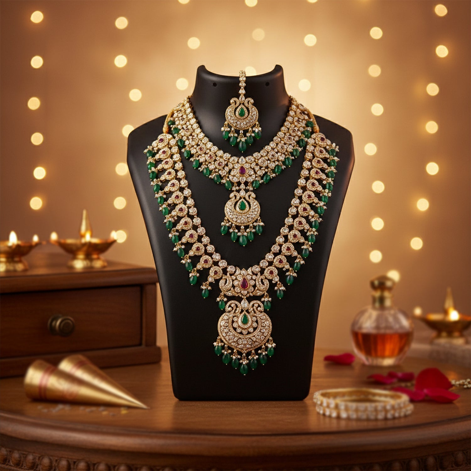 Black necklace display stand with necklace displayed on it in India showroom