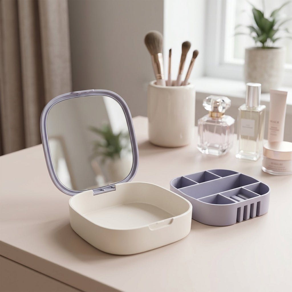 Jewelry box with compartments and mirror in use