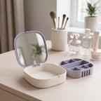Jewelry box with compartments and mirror in use