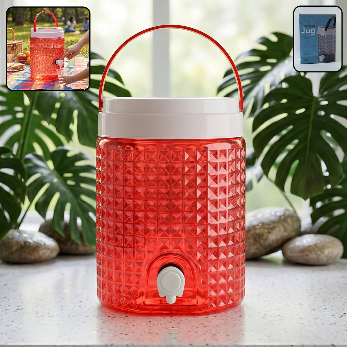 Front view of ChillPour's 4.5 litre plastic water jug with diamond cut design.