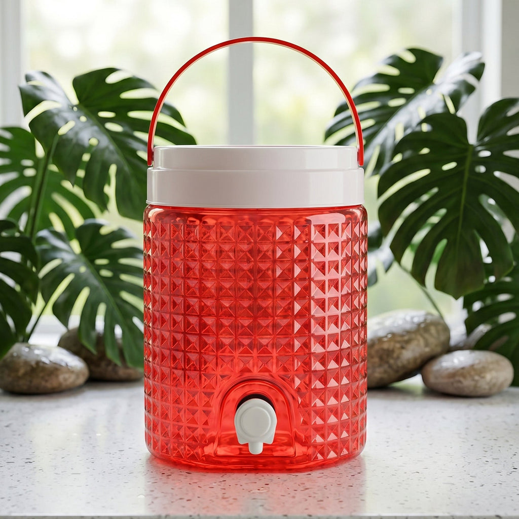 Plastic water jug demonstrating smooth pouring with its built-in tap.