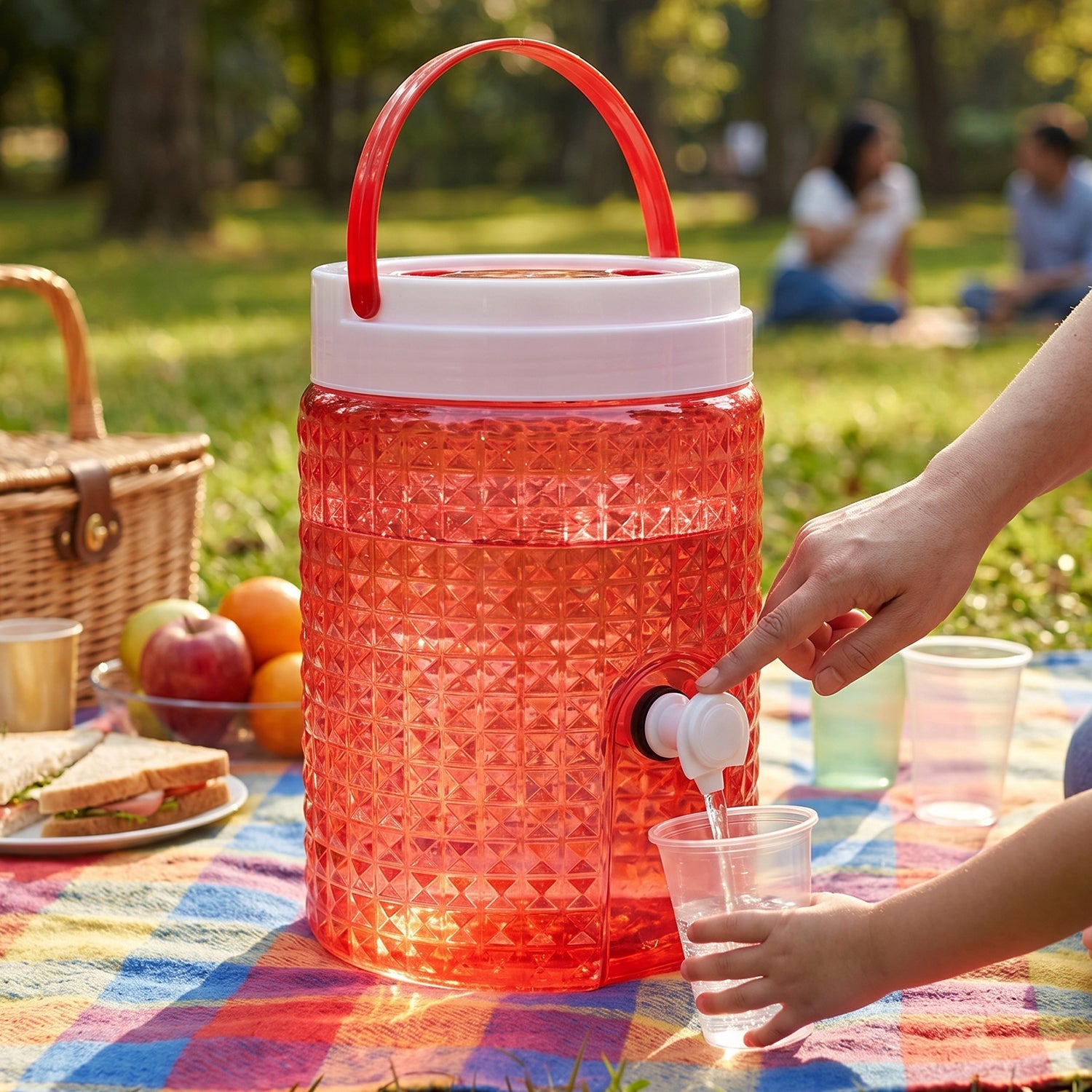 Textured diamond pattern embossed on the surface of the large plastic water jug.