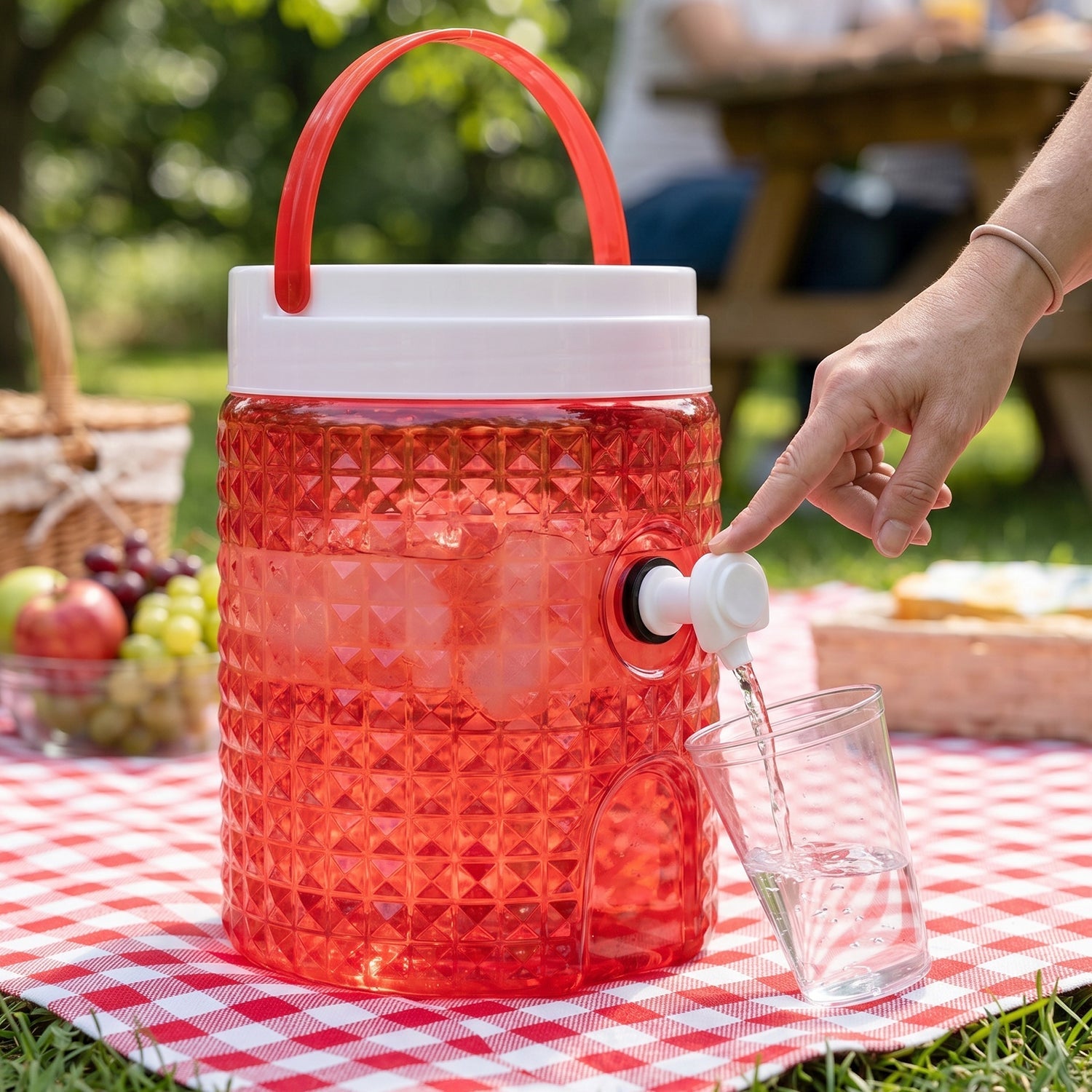 Detail of the easy-pour tap and secure lid on the durable water jug.