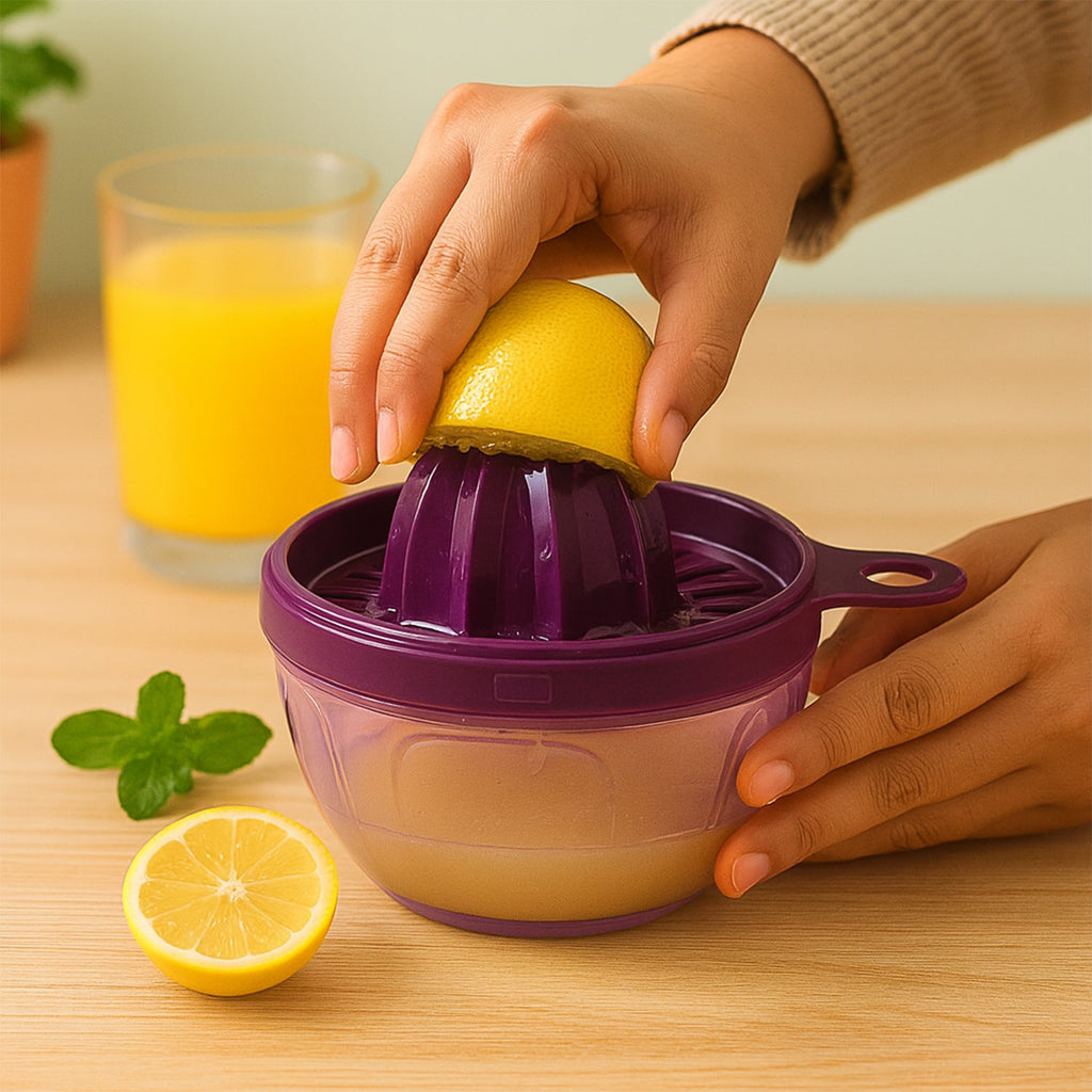 Side view of manual plastic hand juicer for citrus fruits
