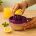 Side view of manual plastic hand juicer for citrus fruits