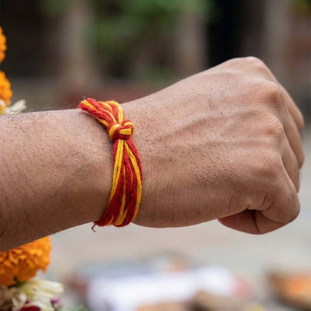 Close up of sacred cotton thread Pooja Kalawa Moli