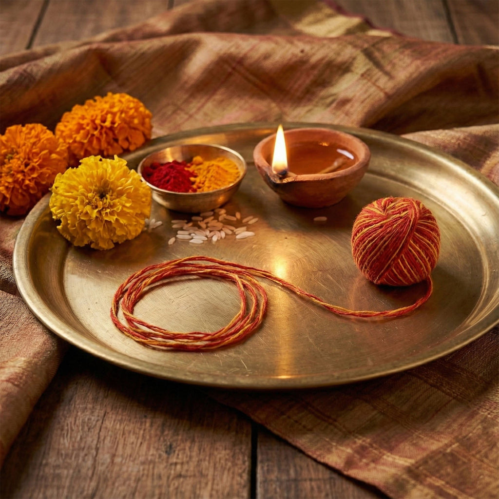 Close-up of Kalava holi cotton threads for religious pooja ceremonies