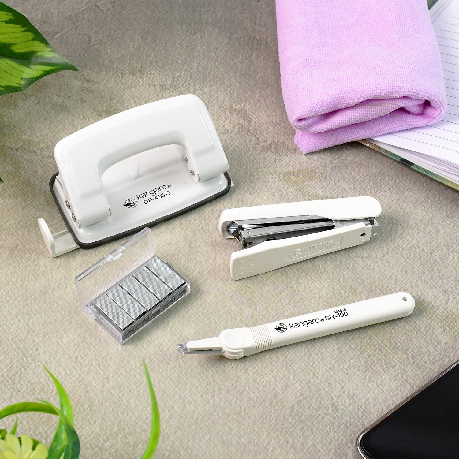 Close-up of Kangaro stapler and staples from premium stationery set