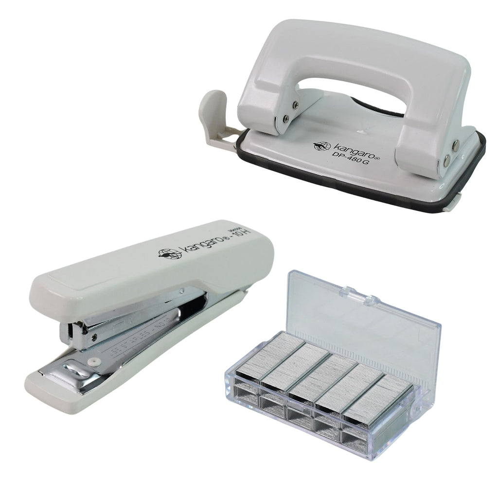 Kangaro 2-hole punch with built-in chip tray as part of the office stationery set