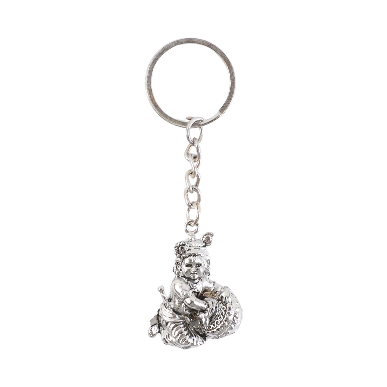 Bal Krishna Makhan Chor keychain displayed against a wooden backdrop