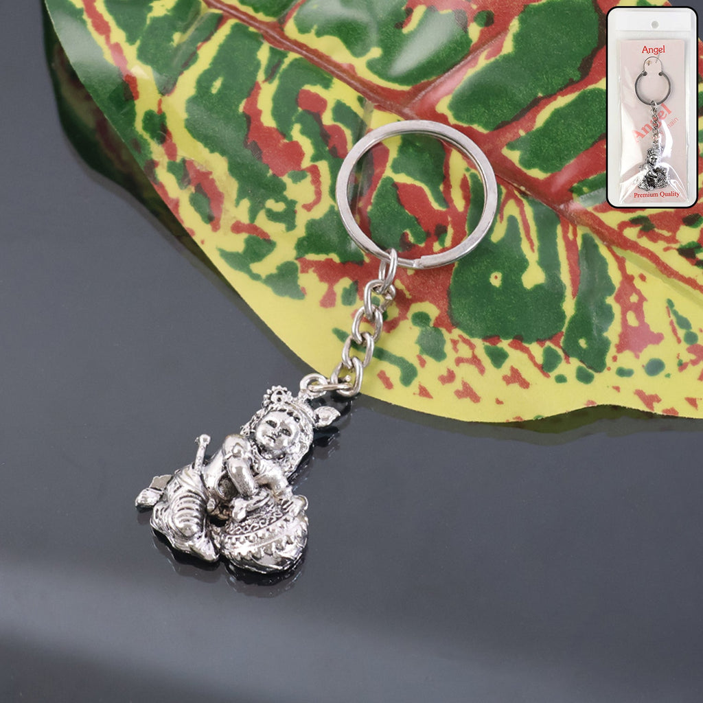 Silver Bal Krishna Makhan Chor metal keychain showcasing Baby Krishna iconography