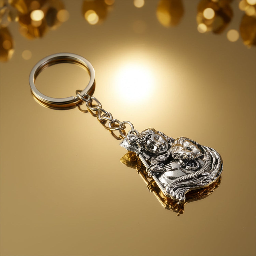 Intricate Bal Krishna idol in silver finish on metal keychain for spiritual use