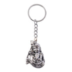 Front view of silver finish Bal Krishna metal keychain highlighting ornate details