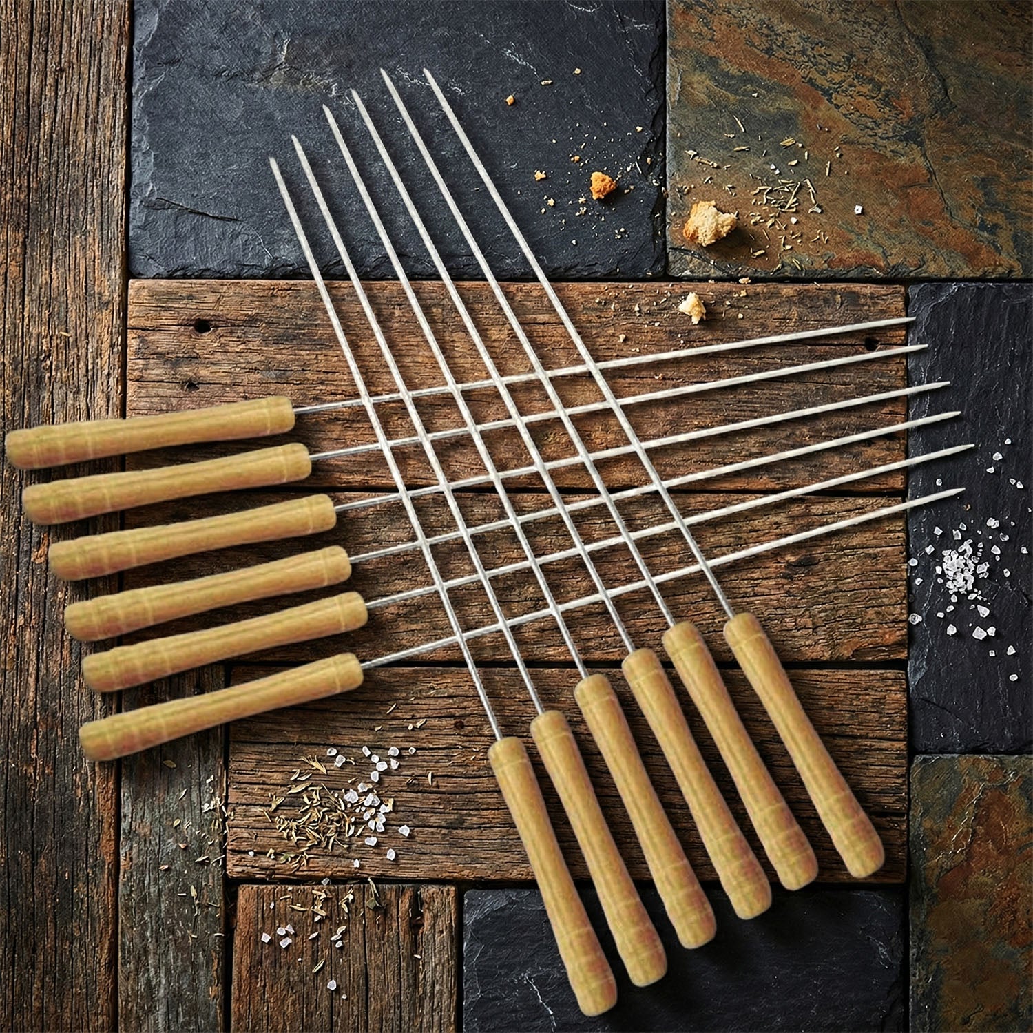 A set of 12 premium barbecue skewers featuring durable stainless steel rods and wooden grips.