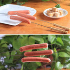 Barbecue skewers with wooden handles loaded with vegetables grilling on a hot barbecue.