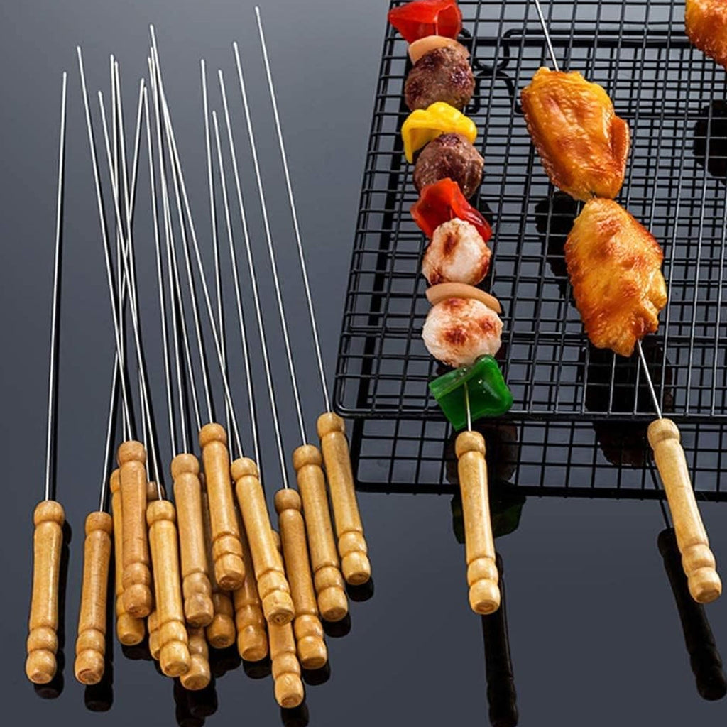 Pack of 12 stainless steel barbecue skewers with ergonomic wooden handles.