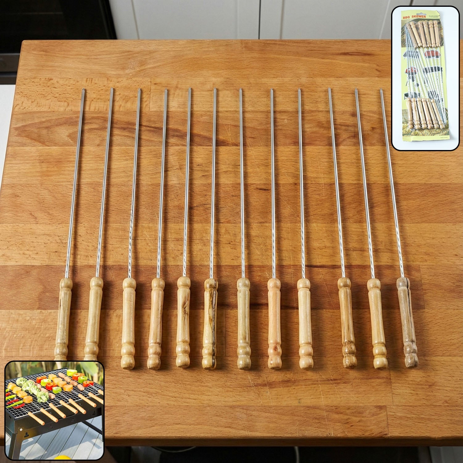 Close-up of sharp-pointed stainless steel barbecue skewers with comfortable wooden handles.