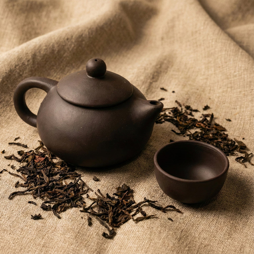 Traditional ceramic teapot pouring tea in a matte black finish