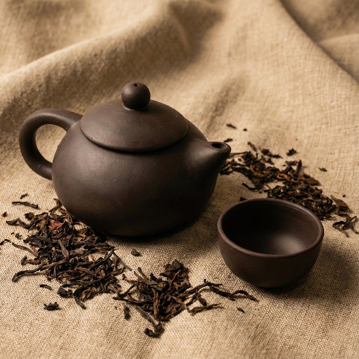 Traditional ceramic teapot pouring tea in a matte black finish