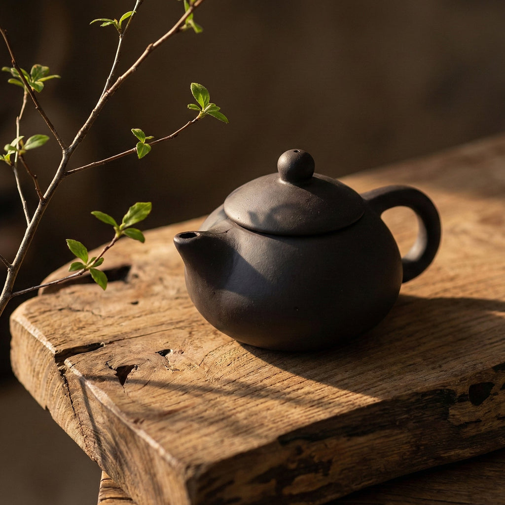 Matte black ceramic tea set arranged for serving guests