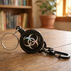Retractable keychain showing the smooth pull cord reel mechanism.