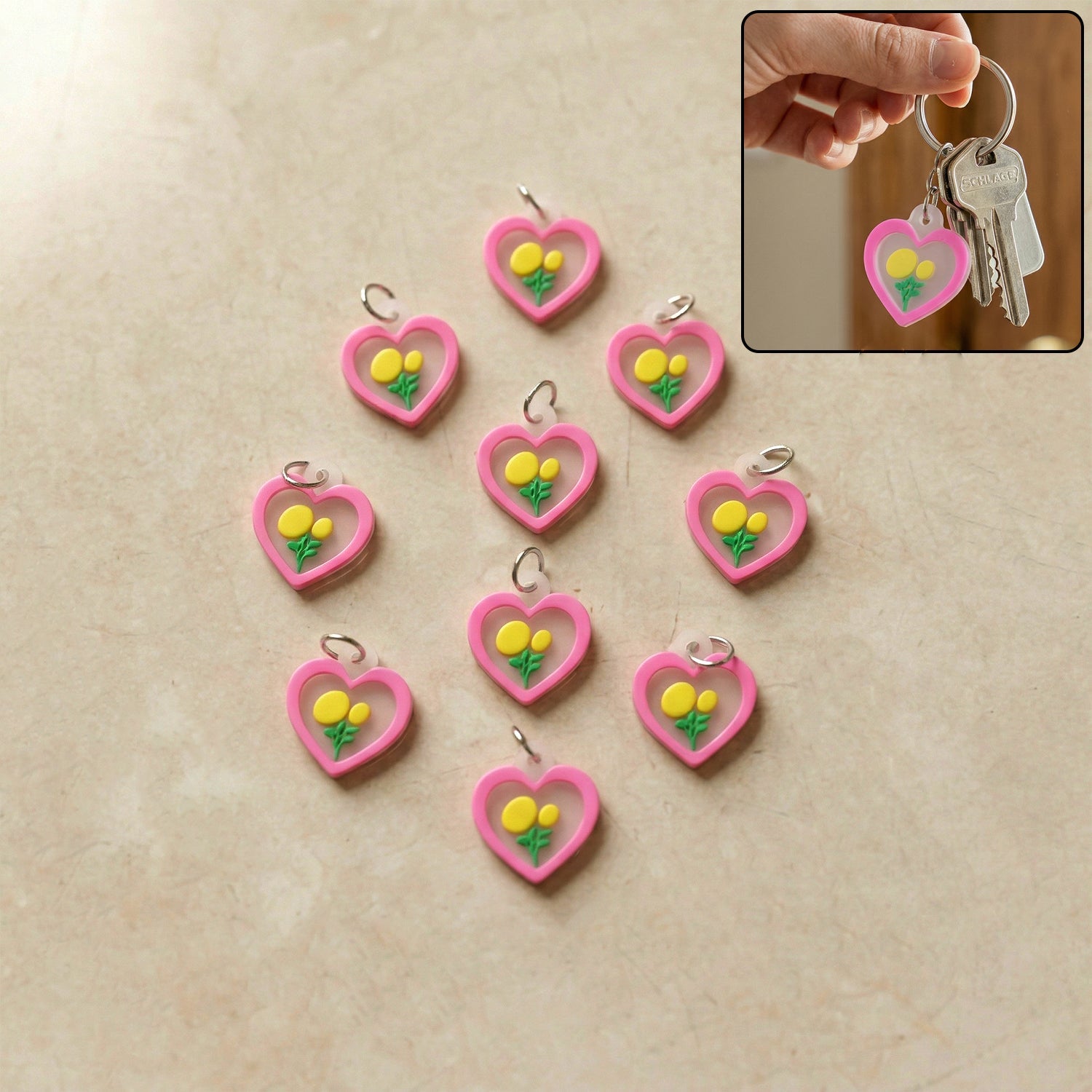 Heart and floral design bag charm set for handbags and keys
