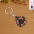 Jai Shree Shyam keychain with crystal-studded circular frame and metal engraving