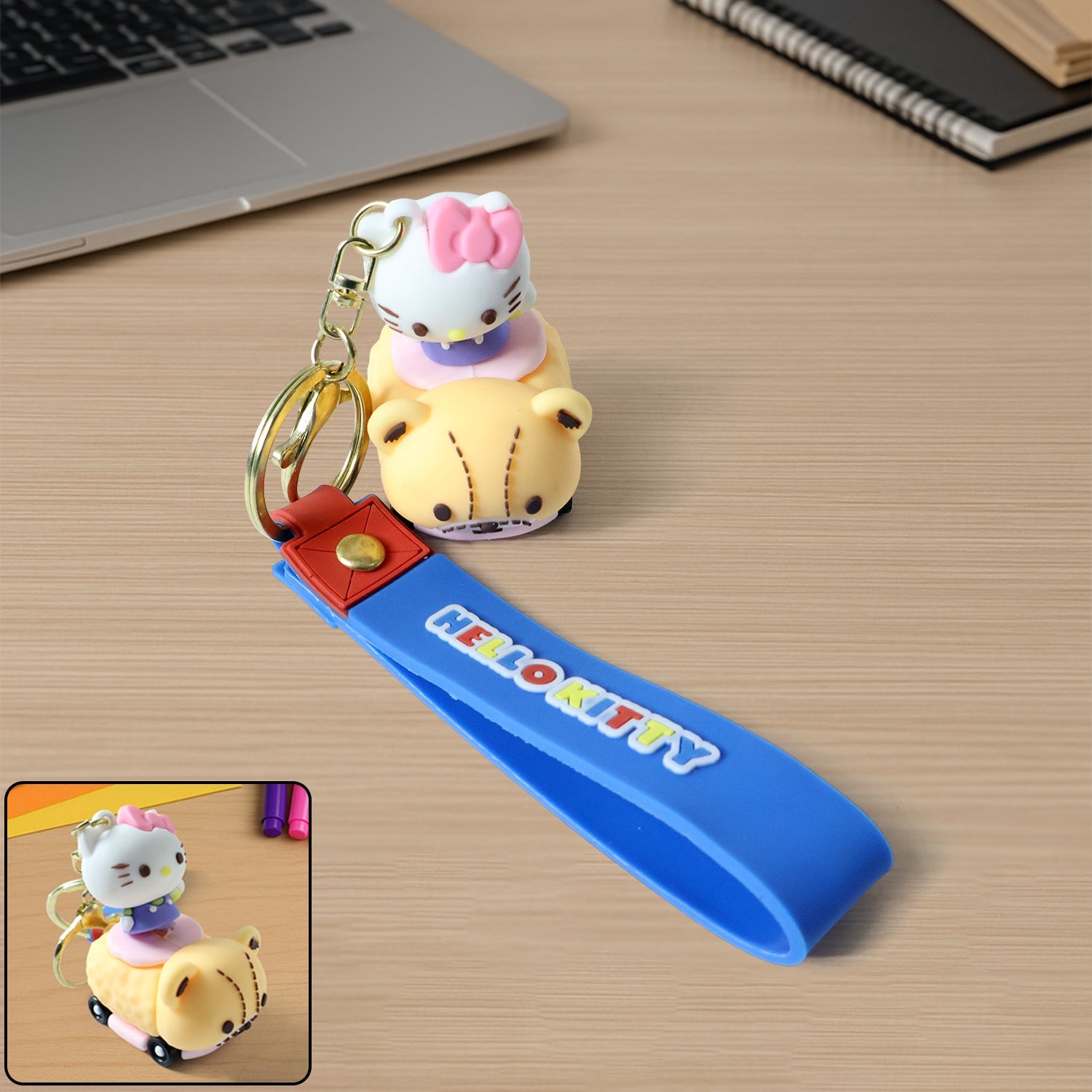 Cartoon cat silicone keychain with wrist strap and metal ring
