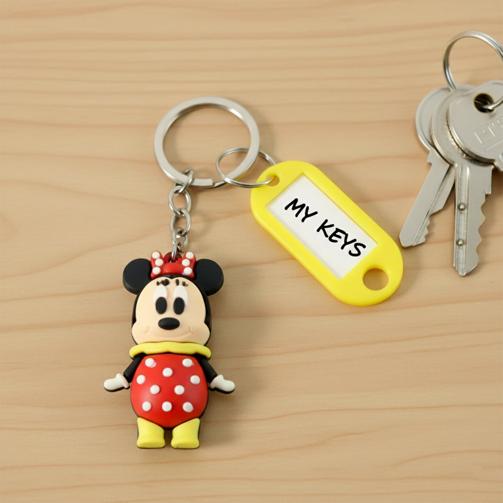 Cartoon character keychain with assorted designs and name tag