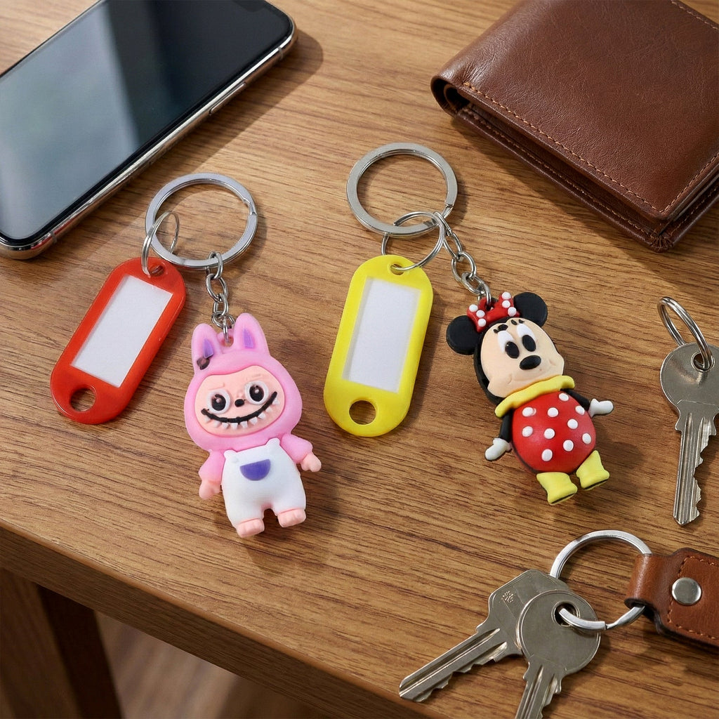 Customizable name tag on cartoon character keychain charm