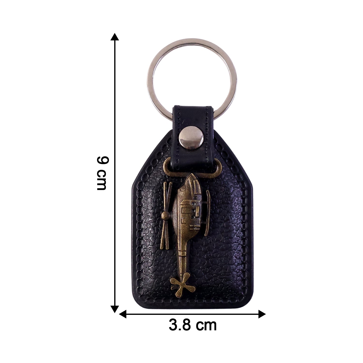 Compact leather and metal sword keychain held in hand
