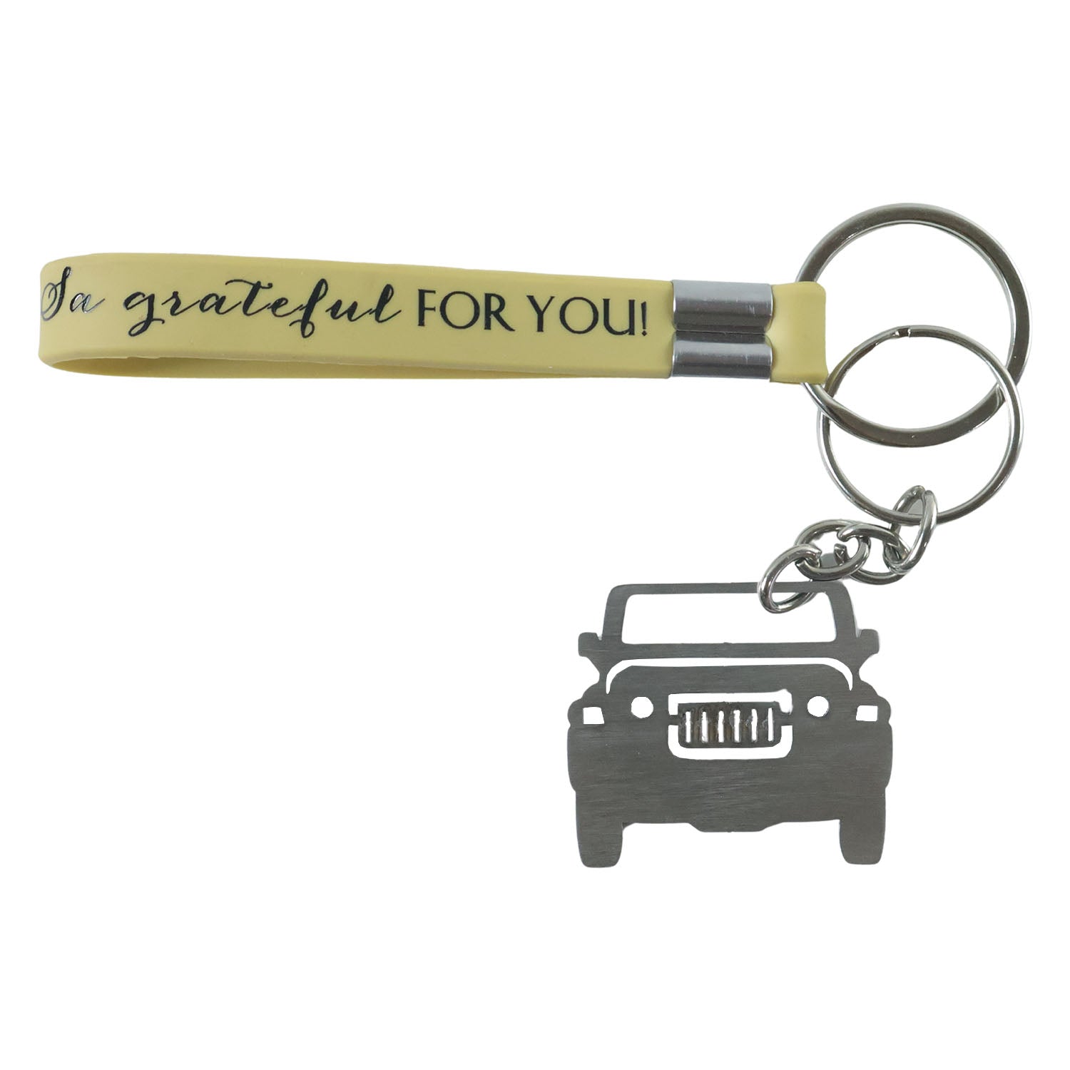 Keychain combo featuring jeep-shaped metal charm and comfortable grip strap