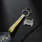 Jeep-shape metal car keychain with dual keyrings and soft grip strap