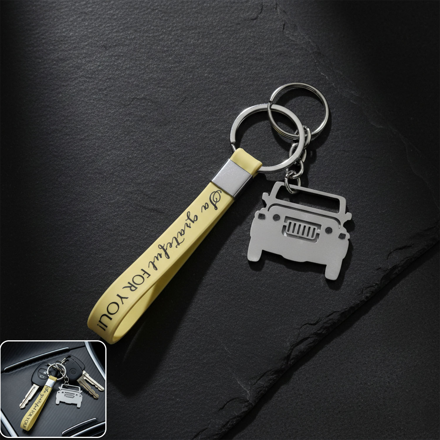 Jeep-shape metal car keychain with dual keyrings and soft grip strap