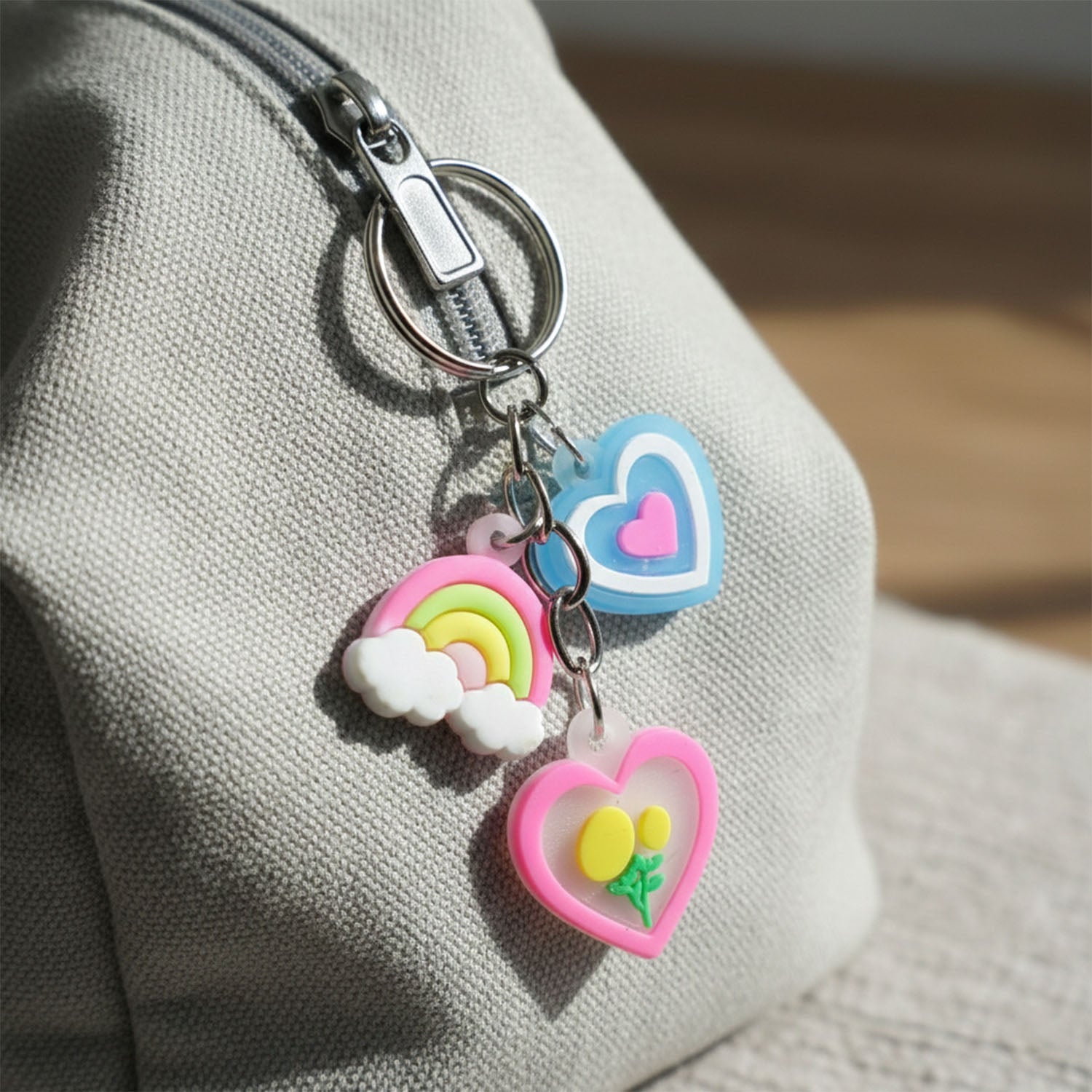 Decorative cartoon style heart and rainbow key holder charm