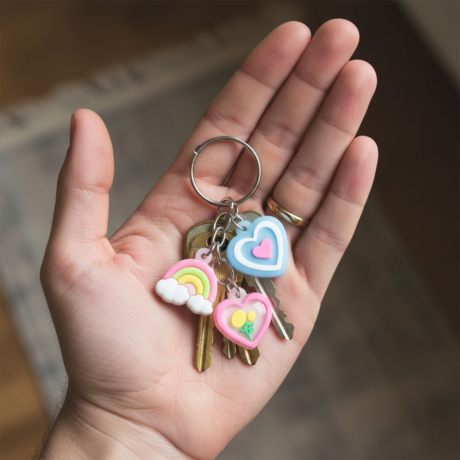 Lightweight heart and rainbow themed keychain accessory