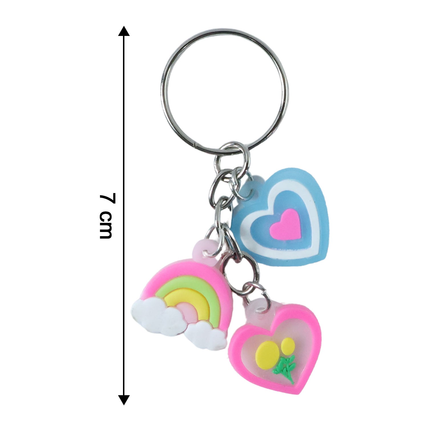 Keychain dimensions and size layout for heart and rainbow charm