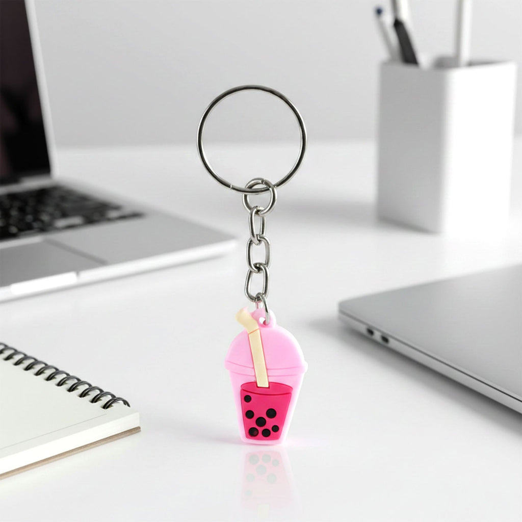 Bubble tea keychain displayed on a backpack zipper pull