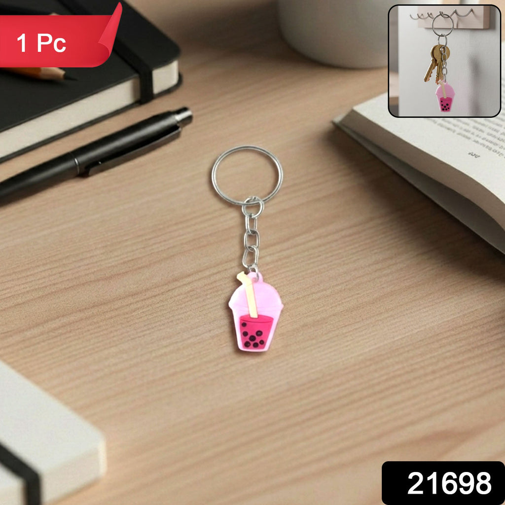 Close-up of bright bubble tea cartoon keychain in vibrant colors